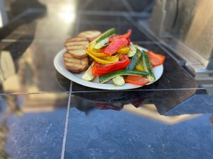 Grilled bread, grilled vegetables on a plate