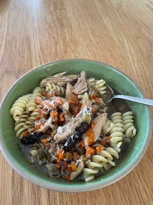 Braised chicken, pasta, and broth (a few days later)