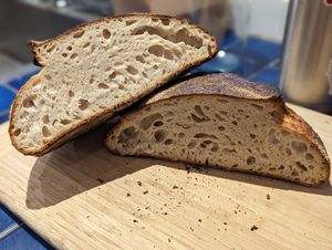 A round of bread, cut in half